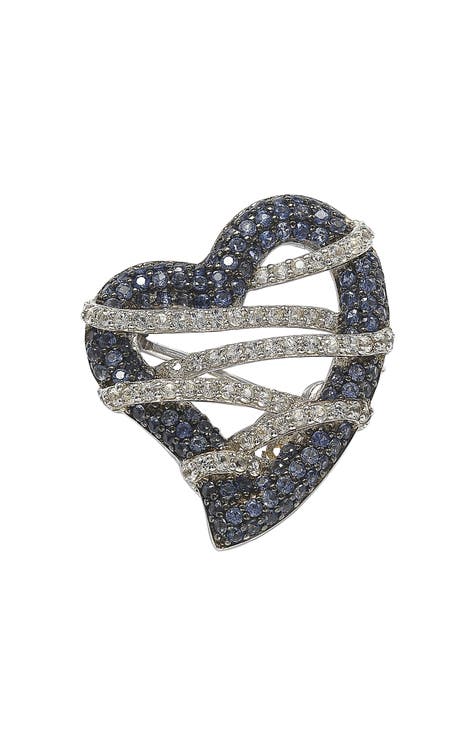 Wrapped Heart Sterling Silver White Sapphire Blue Sapphire Brown Diamond Brooch