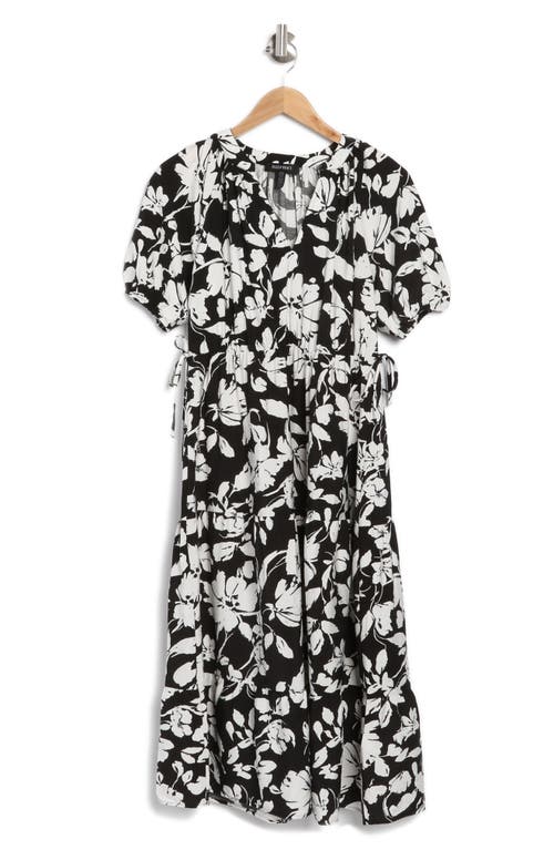 Shop Ellen Tracy Puff Sleeve Side Tie Midi Dress In Black/white Floral Blossom