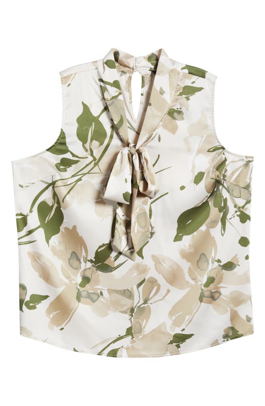 Shop Tahari Asl Floral Bow Neck Sleeveless Top In Sand Loden