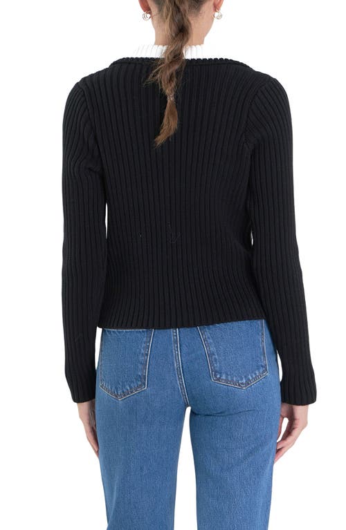 English Factory Colorblock Long Sleeve Cotton Rib Polo In Black