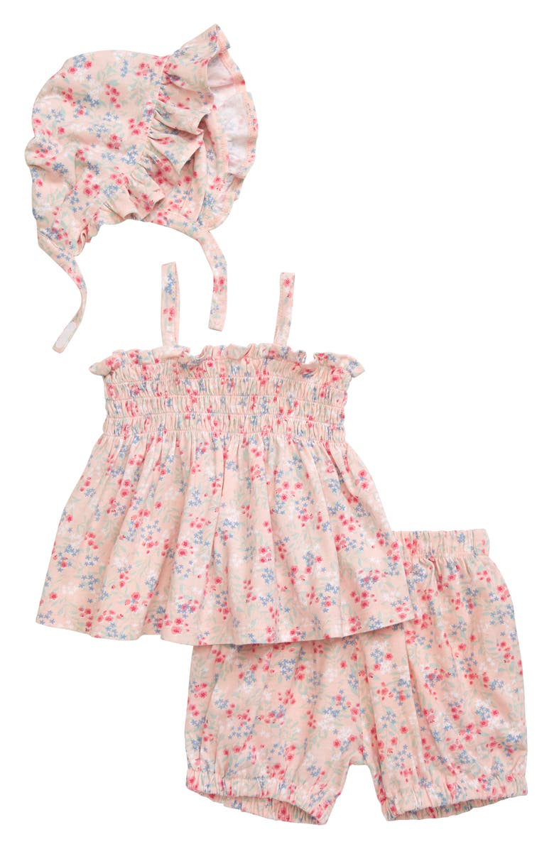 NORDSTROM BABY Smocked Top, Bubble Shorts & Ruffle Bonnet Set, Main, color, PINK CLOUD MINI FLORAL