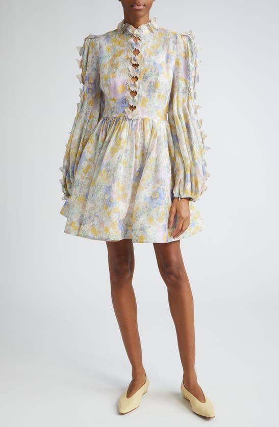 Shop Zimmermann Butterfly Embellished Long Sleeve Linen & Silk Minidress In Blue Meadow