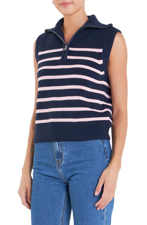 Shop English Factory Stripe Sleeveless Quarter Zip Sweater In Navy/pink