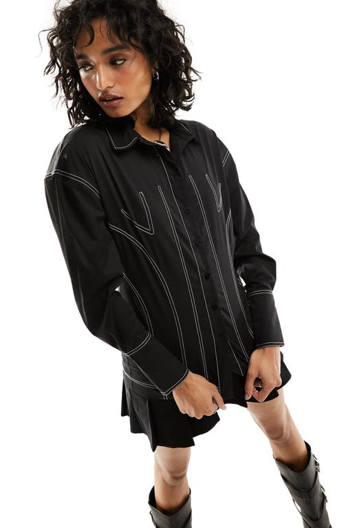 Contrast Stitch Button-Up Shirt in Black