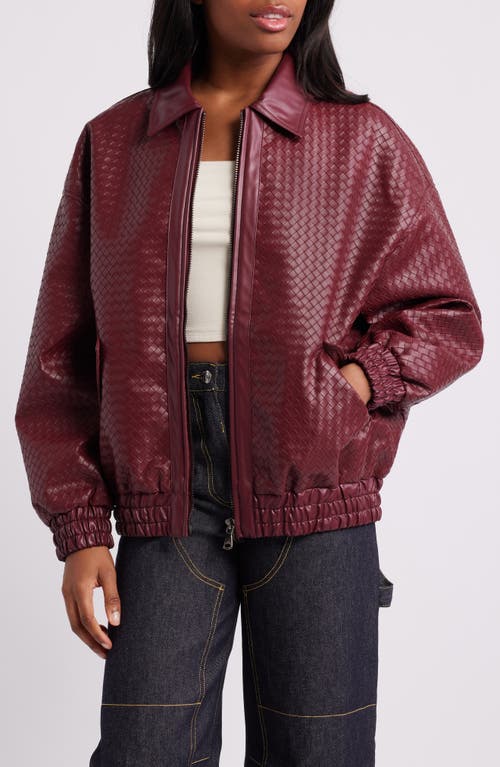 LIONESS Kenny Woven Faux Leather Bomber Jacket in Burgundy 