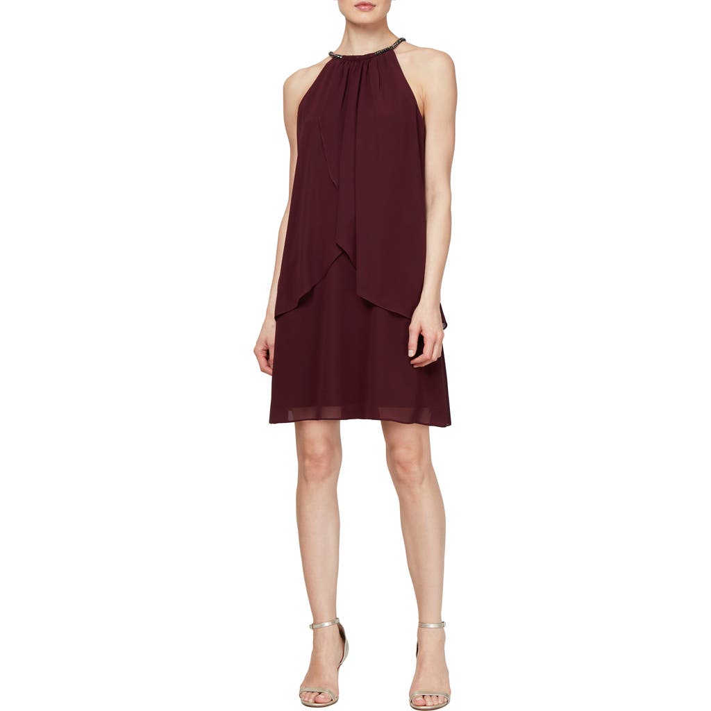 Slny Embellished Neck Chiffon Ruffle Dress In Fig
