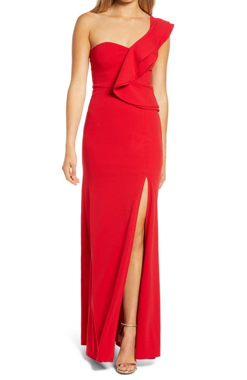 Kiss Me Again One-Shoulder Ruffle Gown in Red
