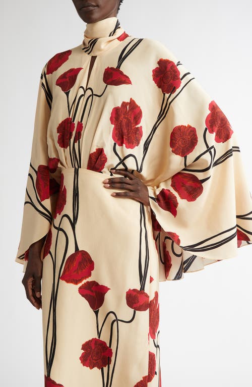 Shop Johanna Ortiz Parajes Lejanos Long Sleeve Silk Midi Dress In Papaver Somniferum/ecru