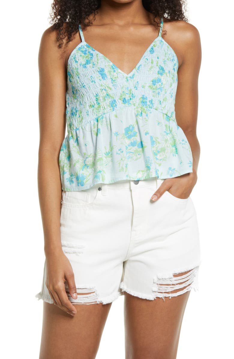 BP. Floral Smocked Crop Camisole Top, Main, color, BLUE SINA SKETCHED FLORAL