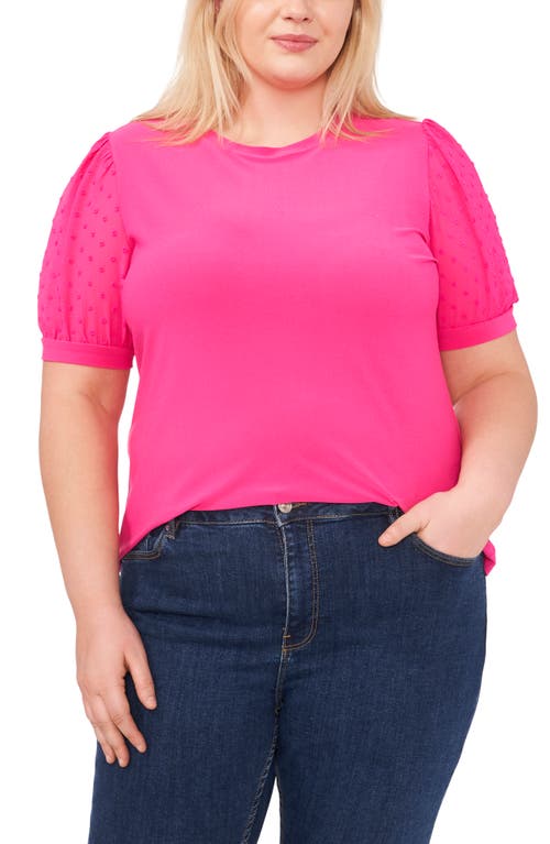 Cece Puff Sleeve Mixed Media Top In Bright Rose Pink