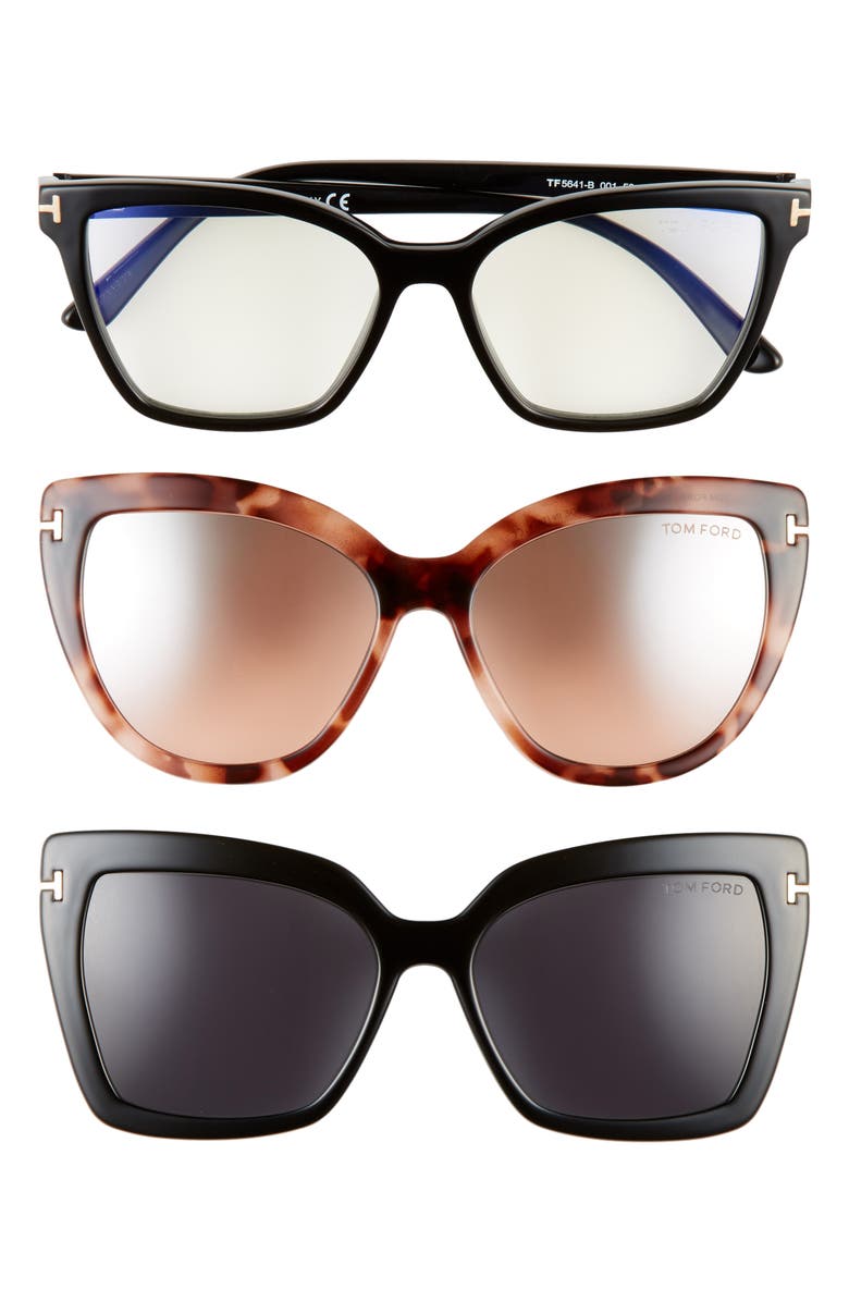 TOM FORD 53mm Blue Light Blocking Cat Eye Glasses & Interchangeable  Sunglasses Clips Set | Nordstrom