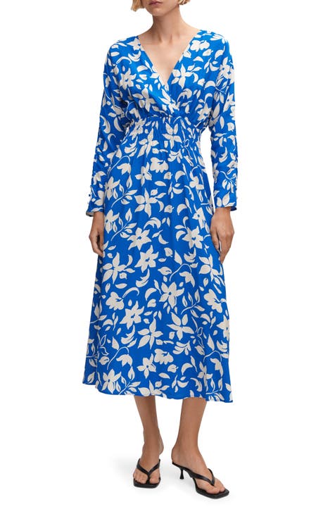 Floral Print Long Sleeve Faux Wrap Dress