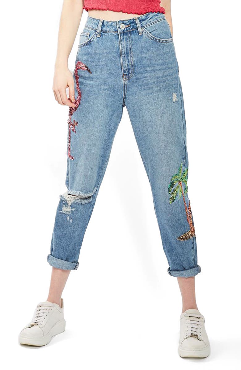 Topshop Distressed Sequin Mom Jeans | Nordstrom