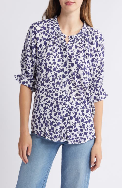 Print Ruffle Blouse in Ivory/Navy