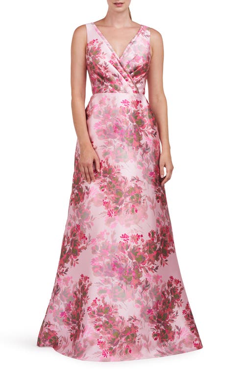 Opal Floral Pleated Surplice V-Neck Satin Gown in Vivid Berry