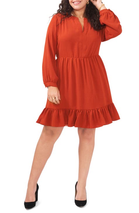 V-Neck Long Sleeve A-Line Dress (Plus Size)