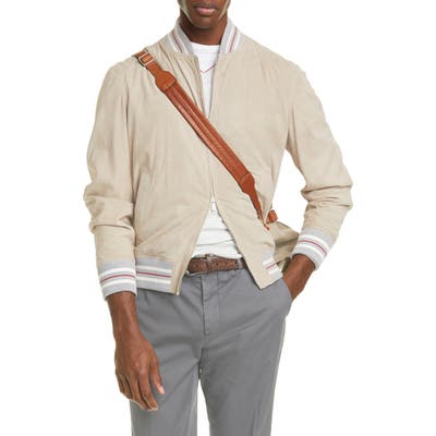 Brunello Cucinelli Suede Bomber Jacket, Beige