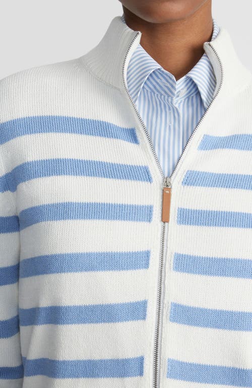 Lafayette 148 Striped Zip-front Cotton-silk Cardigan In Deep Blue Oasis Multi