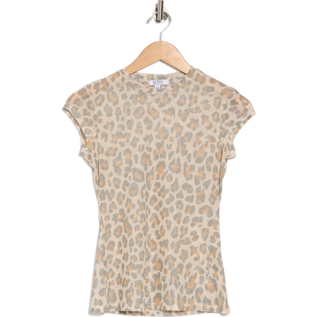 Afrm Los Angeles Guiza Short Sleeve Mesh Top In Sand Animal