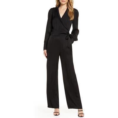 Adelyn Rae Shyla Long Sleeve Textured Satin Jumpsuit, Black