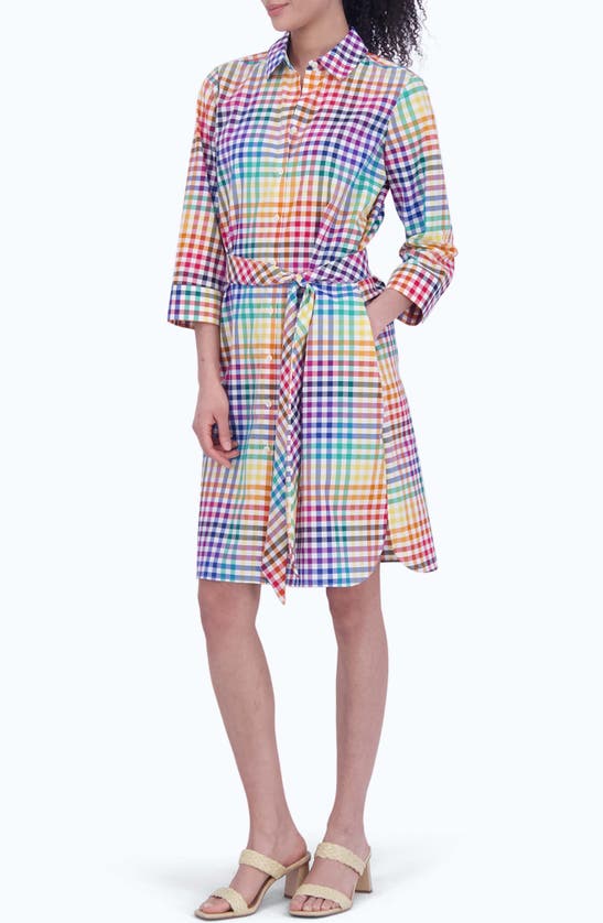 Foxcroft Rocca Rainbow Gingham Tie Waist Shirtdress In Multi Plaid