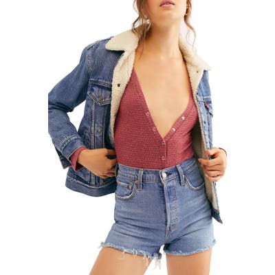 Free People Keep Your Cool Thermal Knit Bodysuit, Burgundy