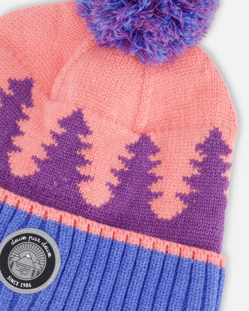 Deux Par Deux Girl's Knit Hat Mauve Pine And Blue In Tree Jacquard