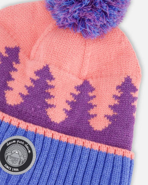 Shop Deux Par Deux Girl's Knit Hat Mauve Pine And Blue In Tree Jacquard