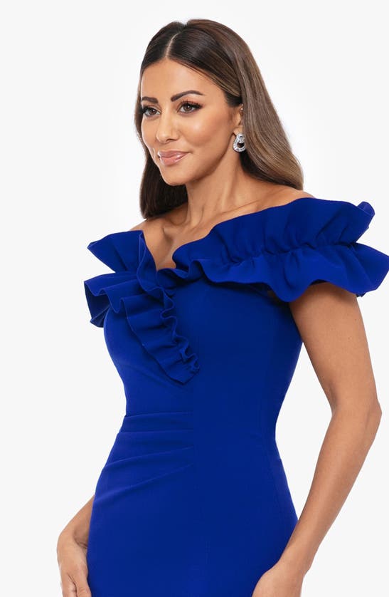 Shop Xscape Evenings Ruffle Off The Shoulder Ruched Gown In Marine