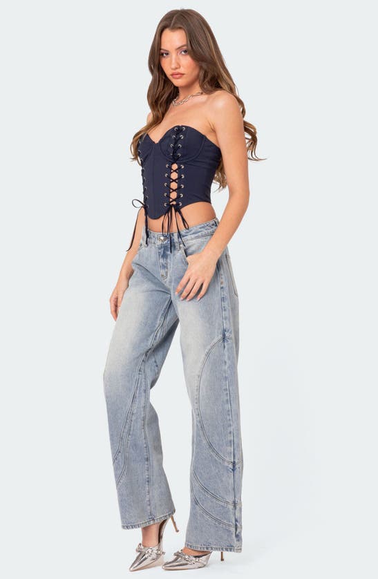 Shop Edikted Oaklynn Stitch Detail Wide Leg Jeans In Light-blue