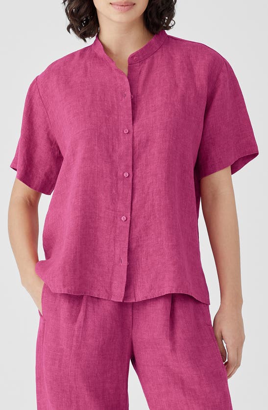 Shop Eileen Fisher Short Sleeve Organic Linen Button-up Shirt In Geranium