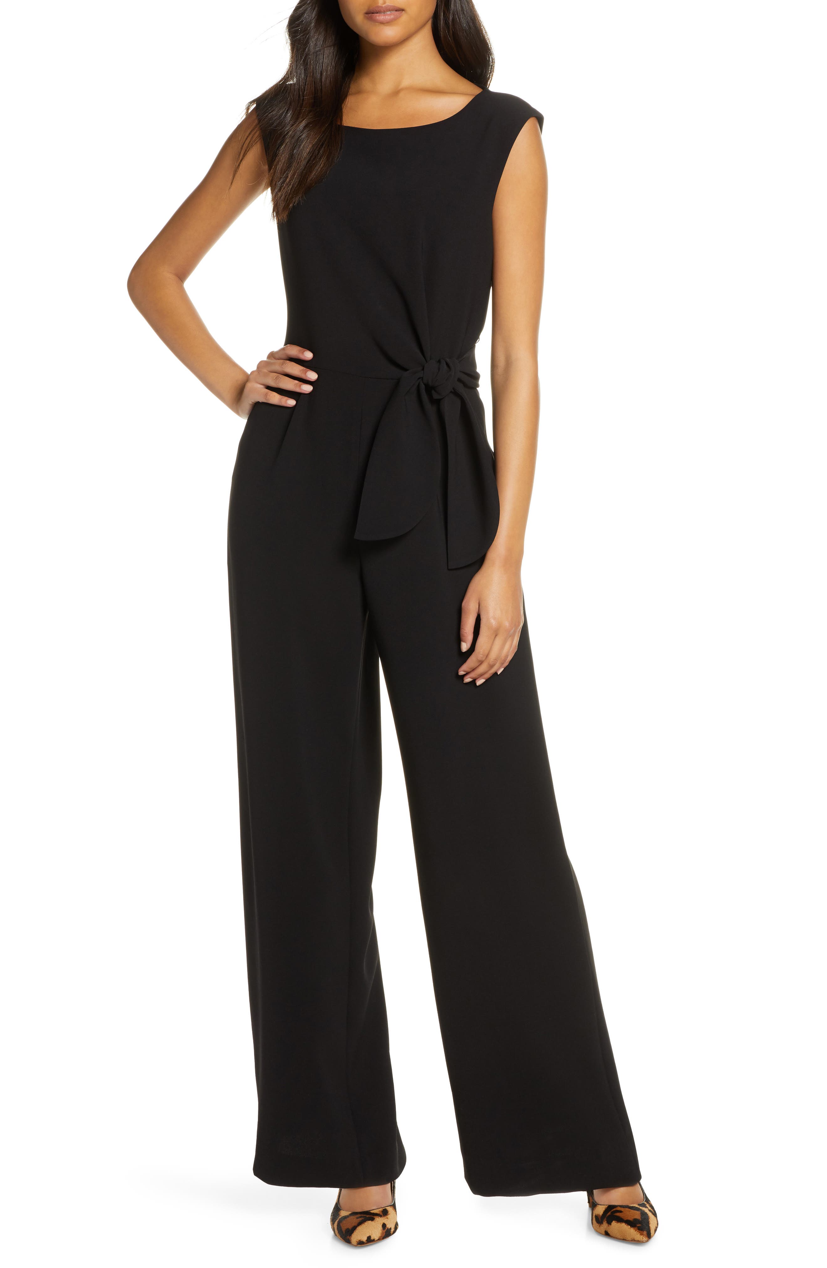 tahari tie waist crepe jumpsuit