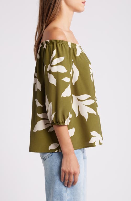 Shop Loveappella Floral Print Off The Shoulder Top In Olive Natural