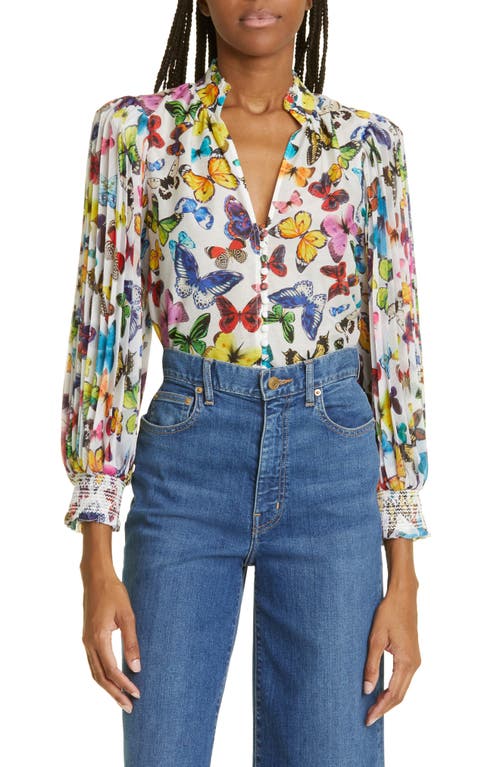 Alice + Olivia Ilan Butterfly Print Cotton & Silk Blouse in Butterfly High Off White