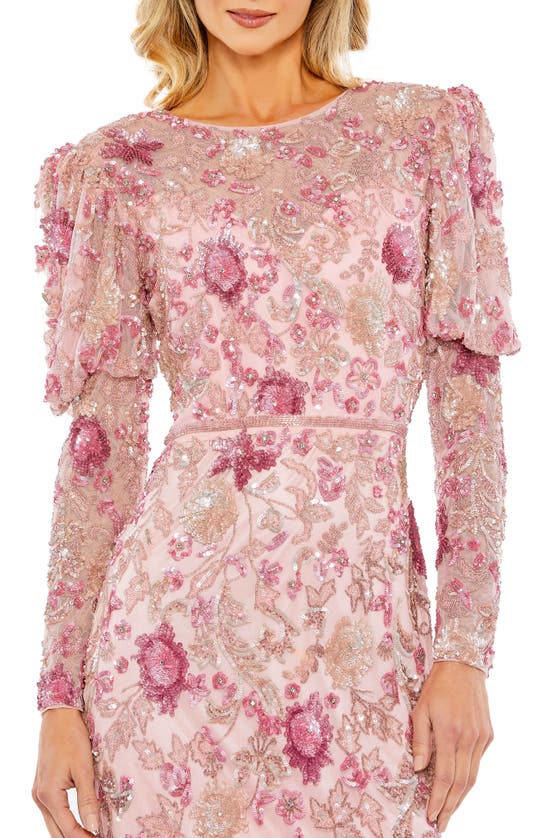 Shop Mac Duggal Beaded Floral Long Sleeve Sheath Cocktail Dress In Rose