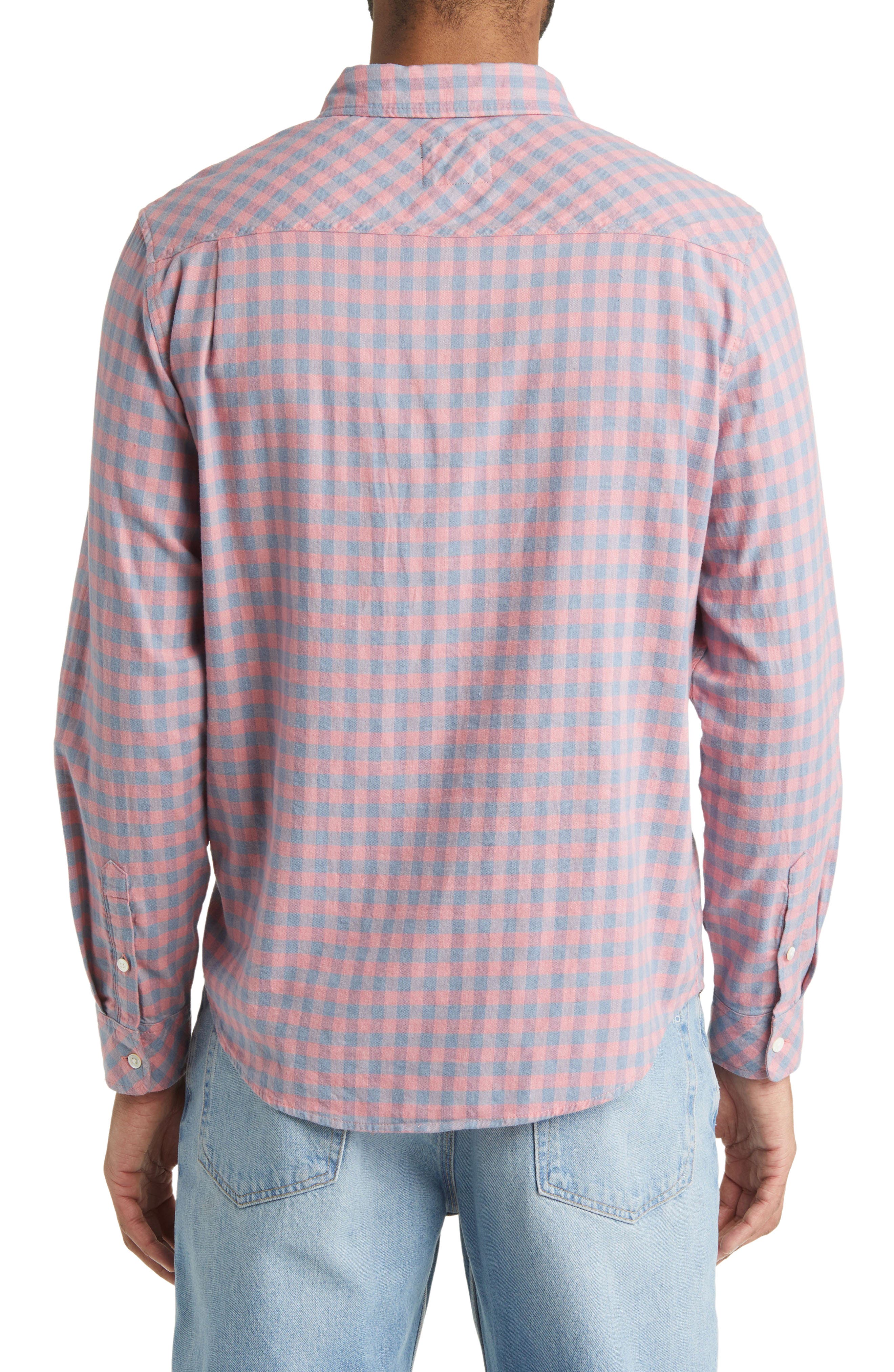 Rails Reid Checker Stretch Cotton Button-Down Shirt in Melon Denim