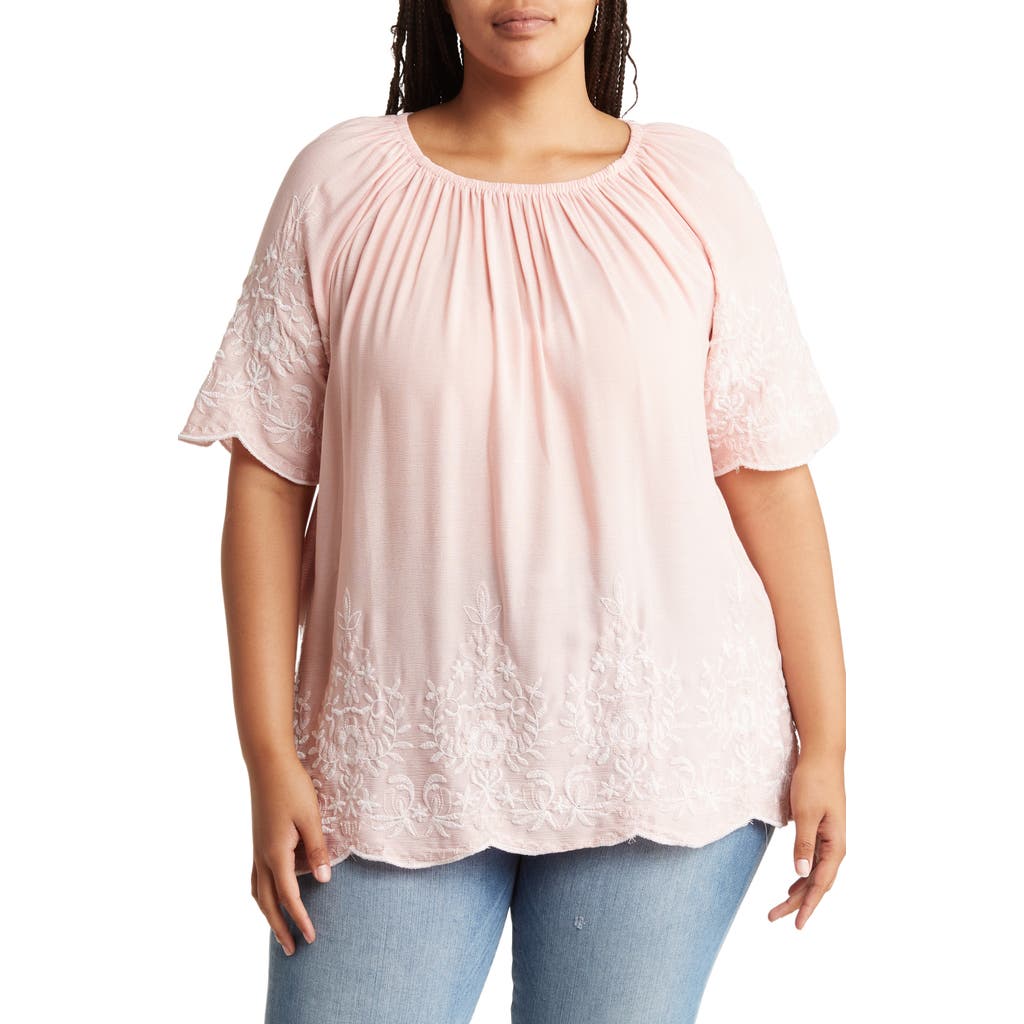 Shop Forgotten Grace Embroidered Trim Peasant Tunic Top In Dark Pink/white