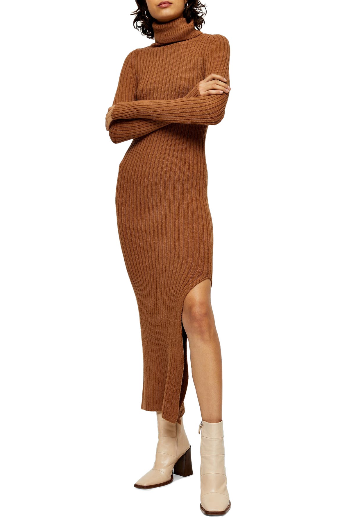 TOPSHOP Turtleneck Long Sleeve Sweater Dress, Main, color, CAMEL