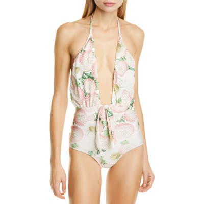 Adriana Degreas Floral One-Piece Halter Swimsuit, Green