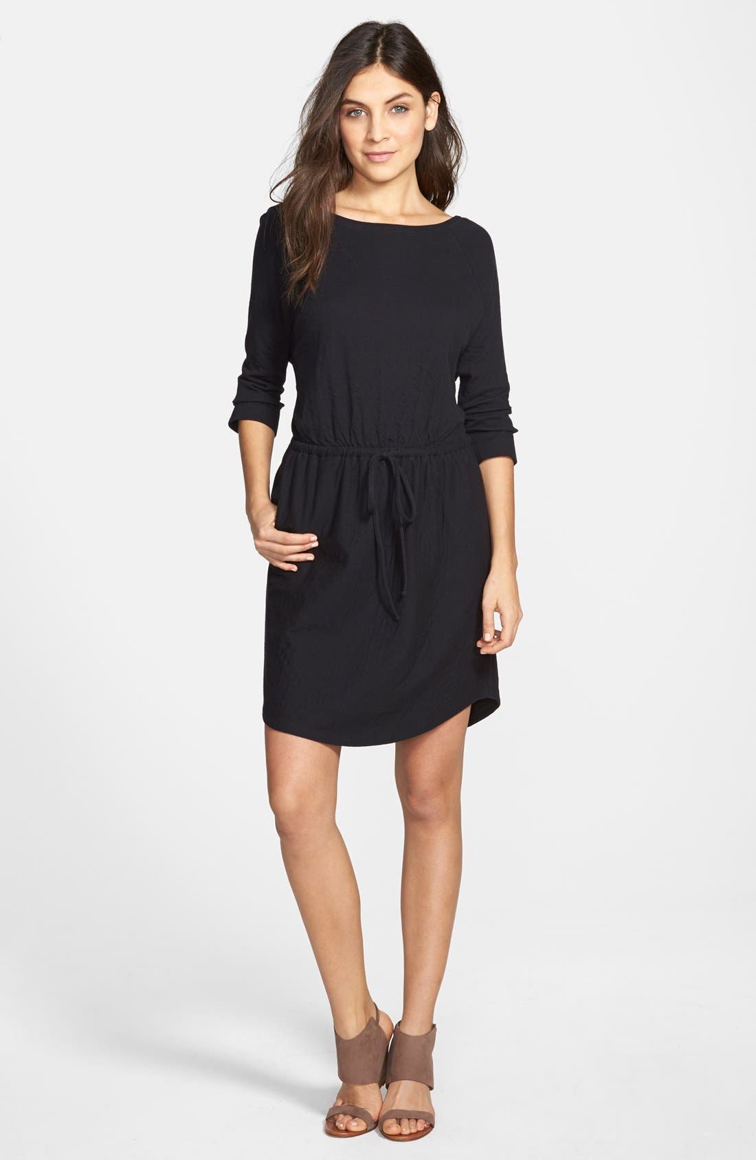 Caslon® Stripe ThreeQuarter Sleeve Drawstring Waist Dress Nordstrom