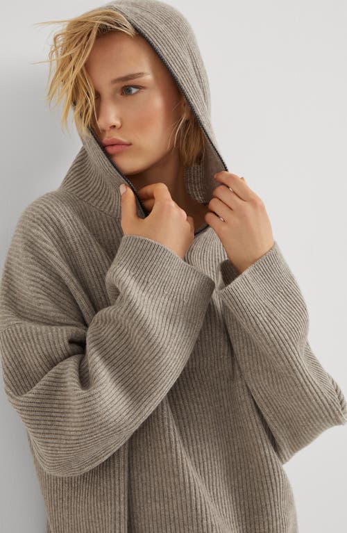 Shop Brunello Cucinelli Cashmere English Rib Knit Hooded Sweater With Shiny Detail In Cool Beige