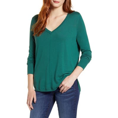 Caslon High-Low V-Neck Sweater, Green