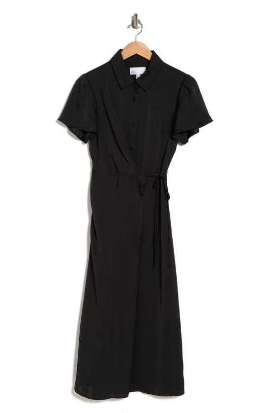 Nordstrom Rack Collared Half Button Wrap Front Shirtdress In Black