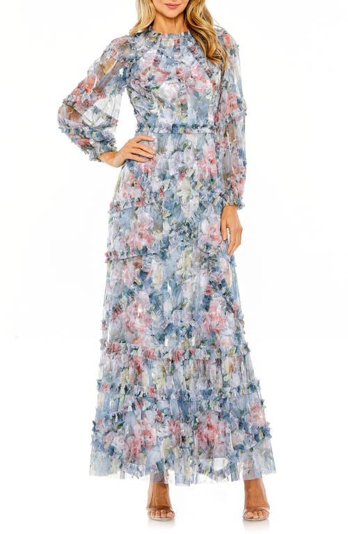 Mac Duggal Floral Long Sleeve Mesh Gown in Platinum Multi at Nordstrom, Size 24