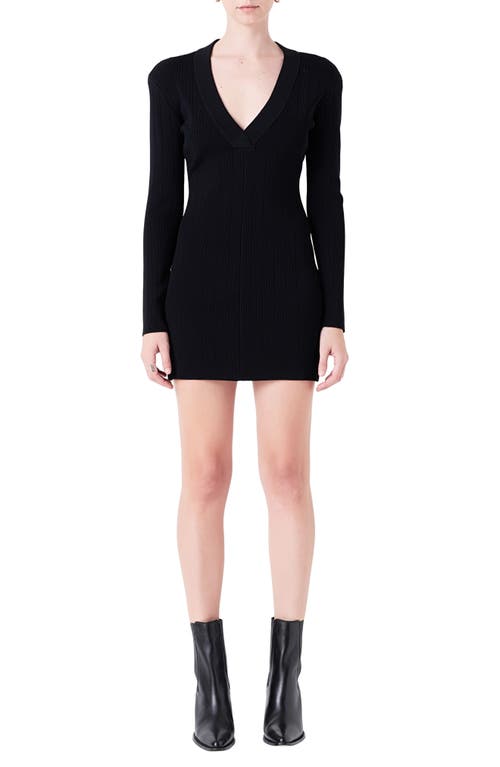 Power Shoulder Long Sleeve Knit Minidress in Black