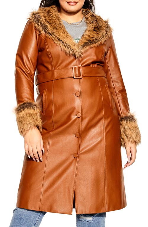 City Chic Spanish Romance Faux Leather Coat with Faux Fur Trim in Copper