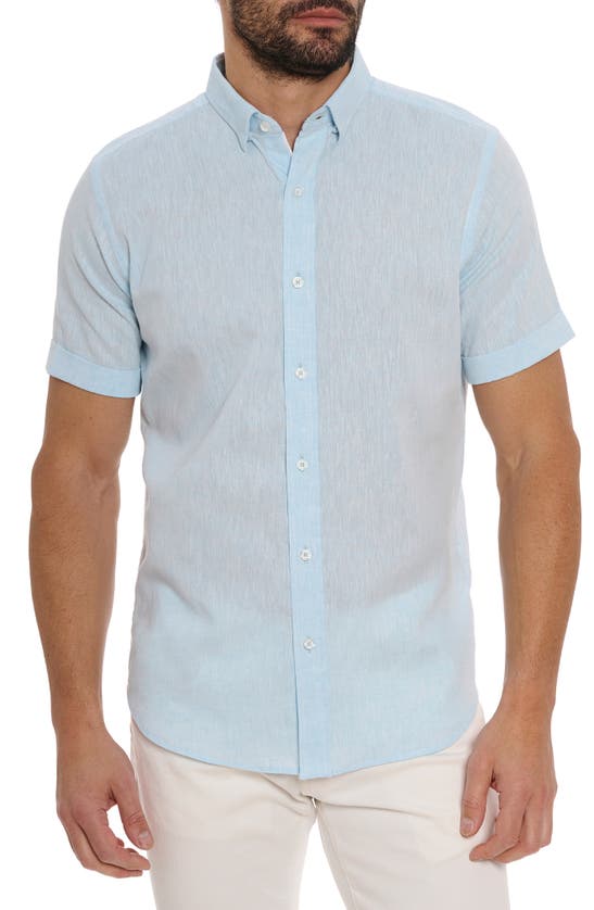 Shop Robert Graham Palmer Tailored Fit Short Sleeve Linen Blend Button-up Shirt In Turquoise