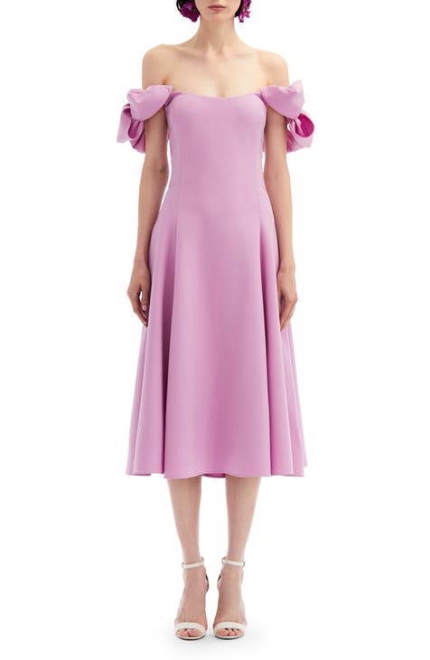 Bow Cap Sleeve Off the Shoulder Virgin Wool Blend Dress