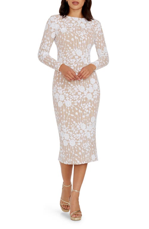 Dress The Population Emery Sequin Long Sleeve Body-con Midi Dress In White/beige