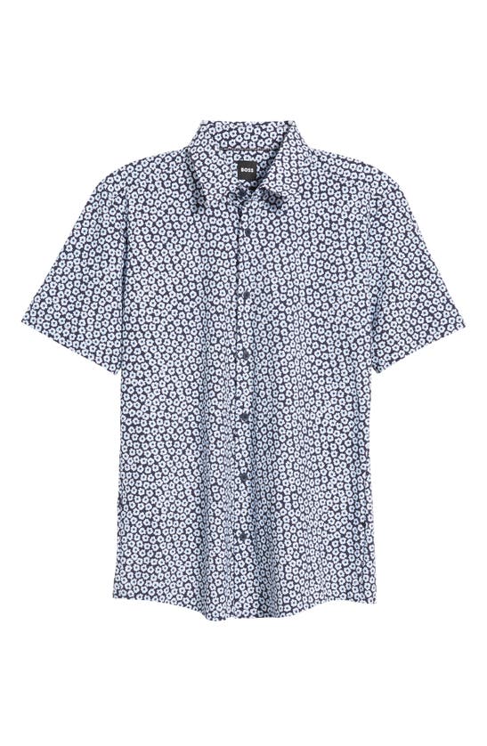 Shop Hugo Boss Boss Roan Floral Short Sleeve Stretch Button-up Shirt In Navy